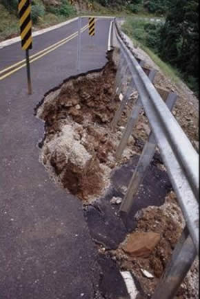 Landslide on road, picture on the left