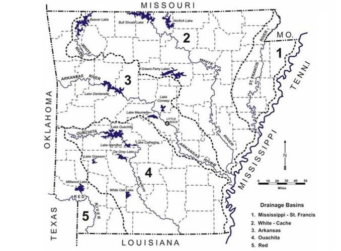 Major rivers, larger publicly-owned lakes and major drainage basins in Arkansas